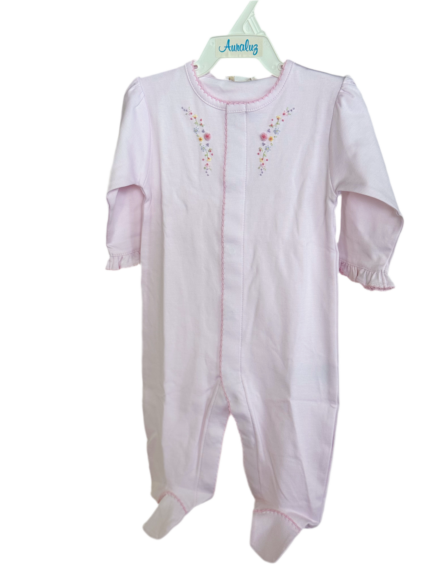Premier Floral Hand Embroidered Footie-Pink Ruffled