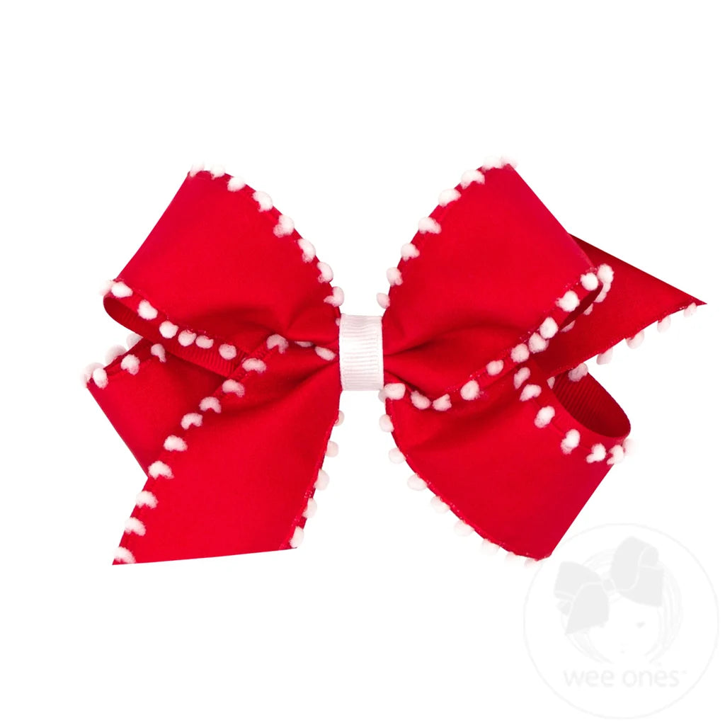 Wee Holiday-Medium White Pom Edge Red Overlay Bow
