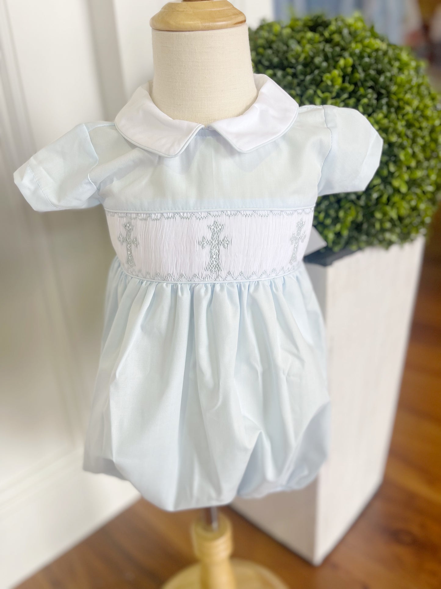Cross Smocked Light Blue Bubble