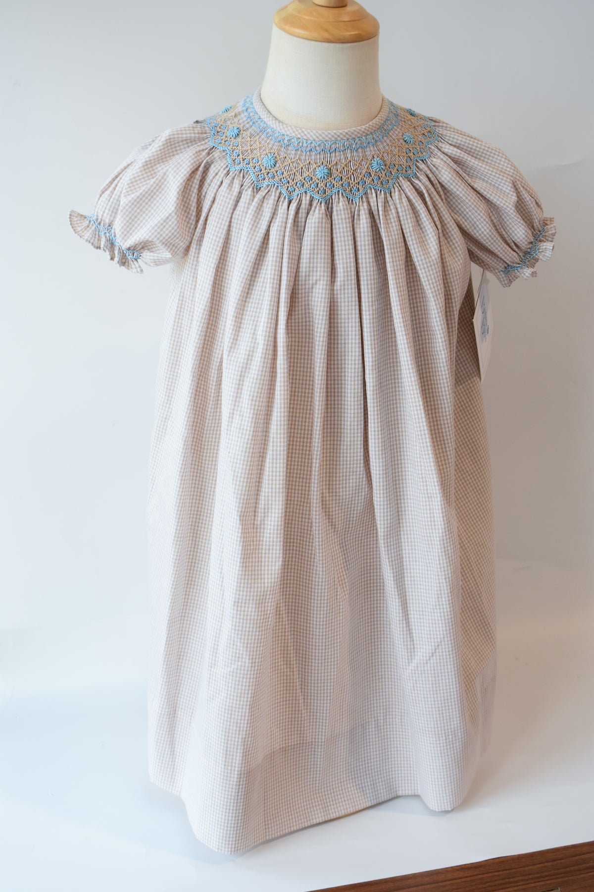 Khaki Check Blue Floral Bishop Dress