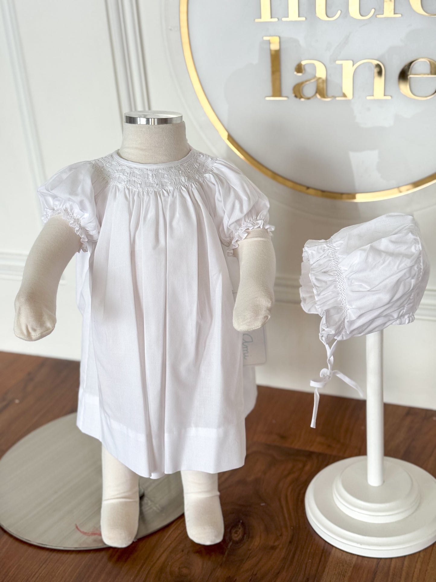 Bishop Smocked White Gown, Matching Hat