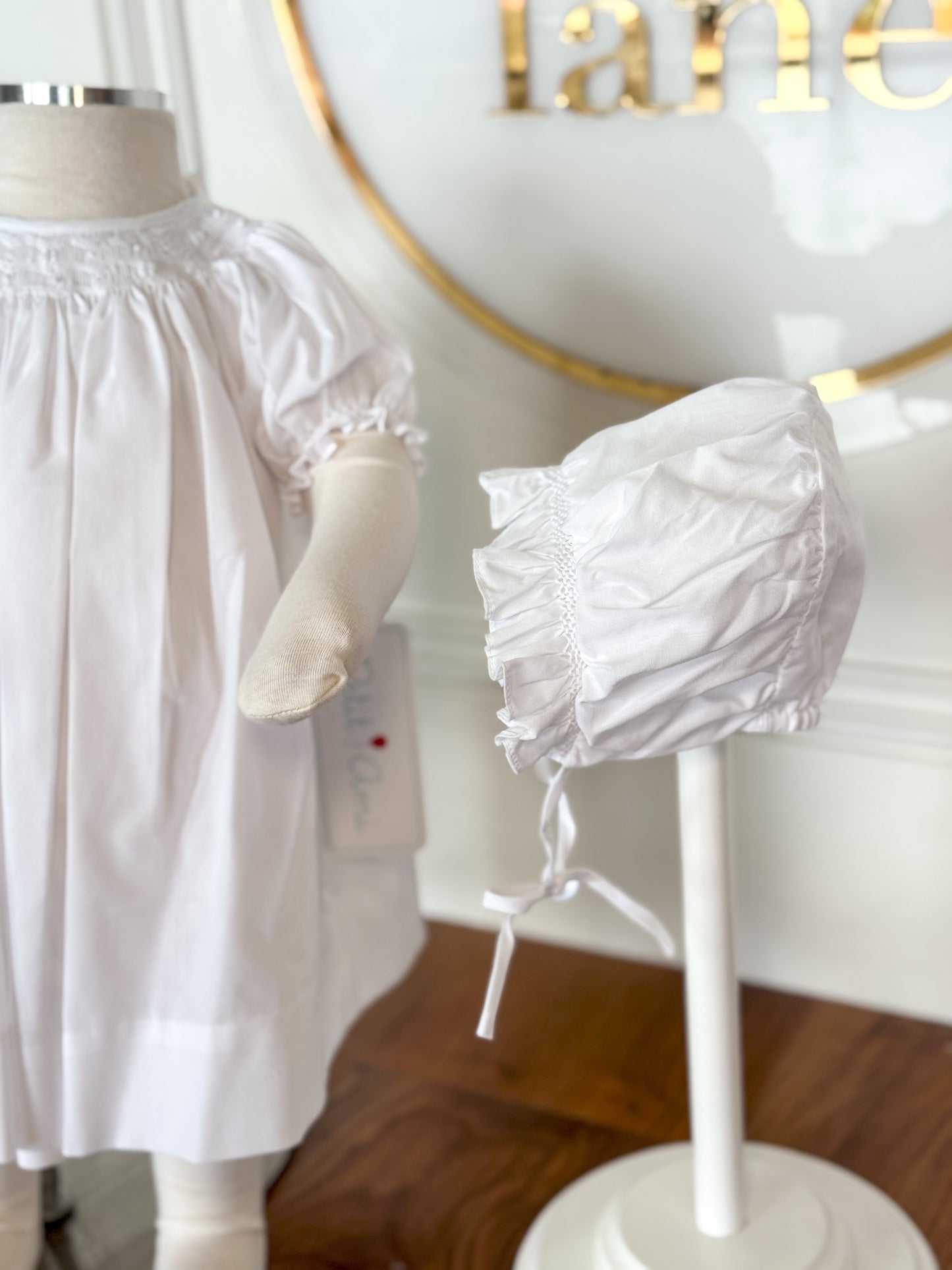 Bishop Smocked White Gown, Matching Hat