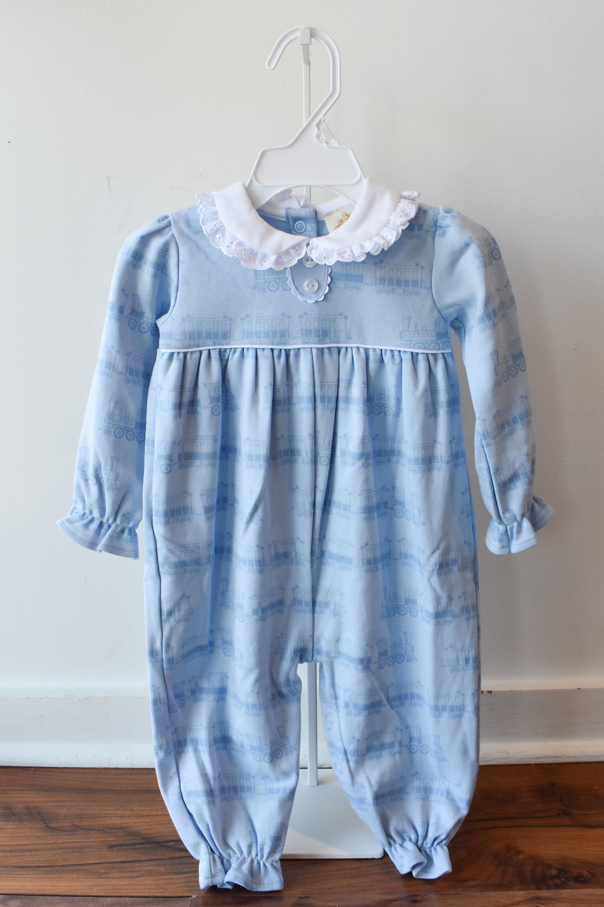 Long Sleeve Mary Dal Knit Romper-Blue Choo Choos