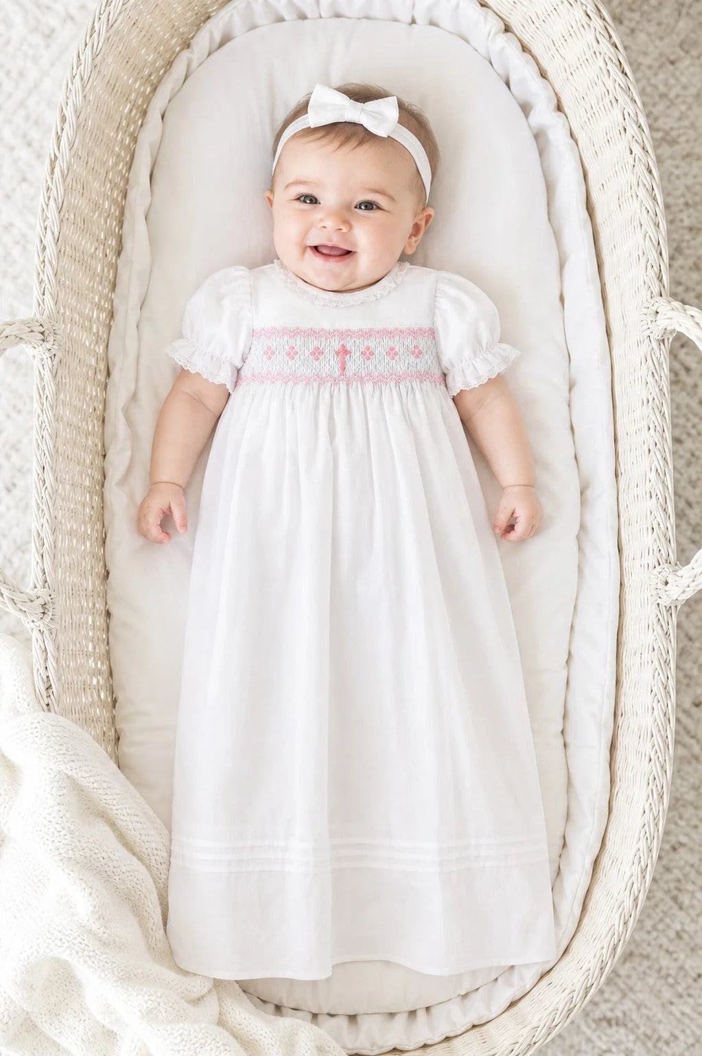 Long Bullion Cross Baby Girl Christening Gown/Bonnet Set