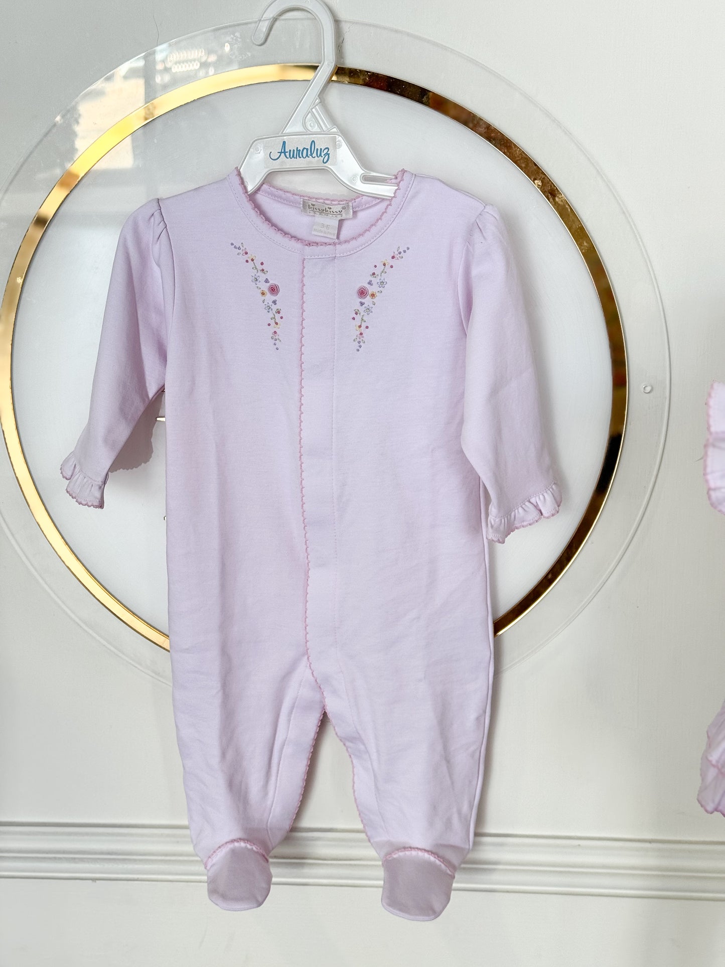 Premier Floral Hand Embroidered Footie-Pink Ruffled