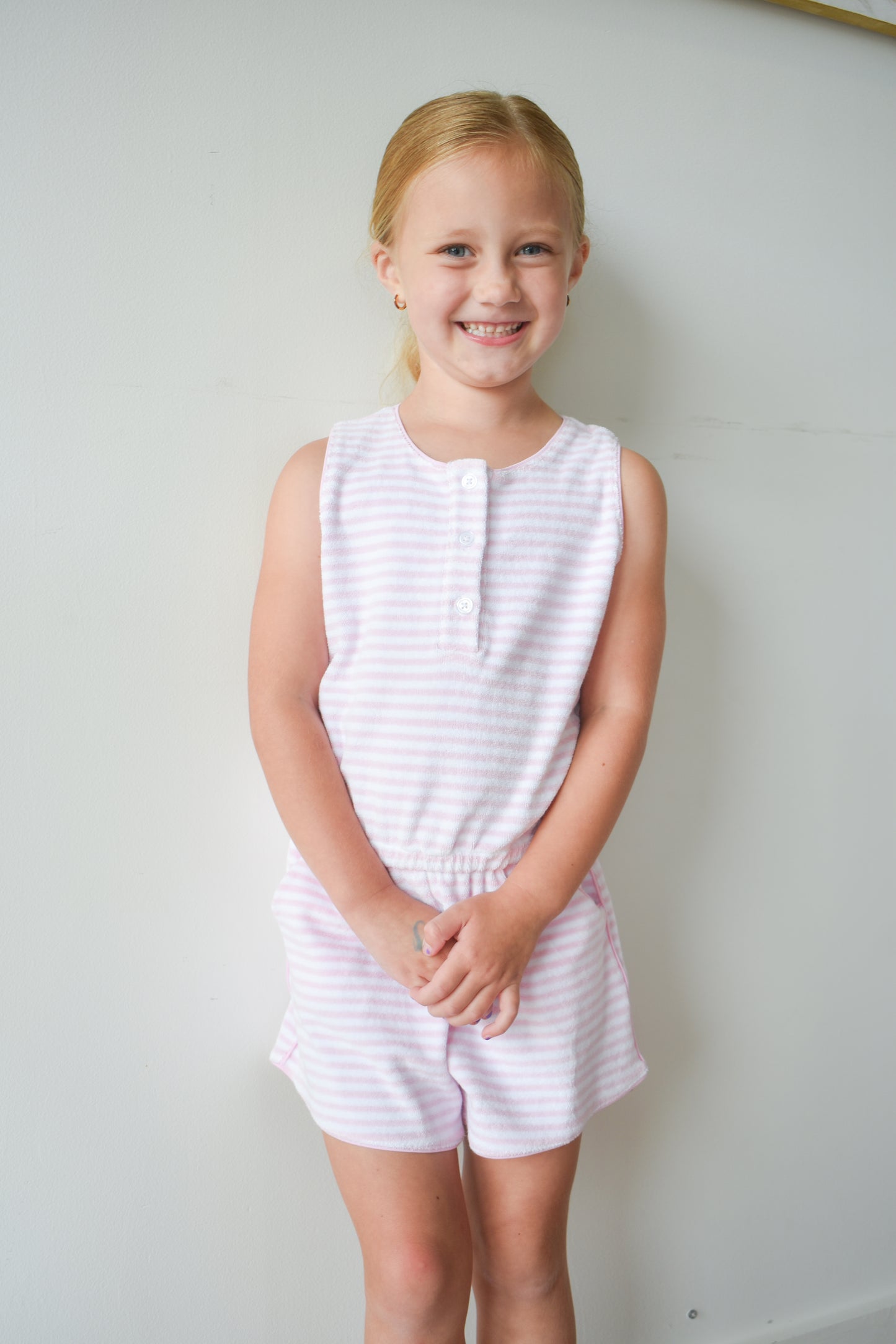 Light Pink Striped Terrycloth Romper