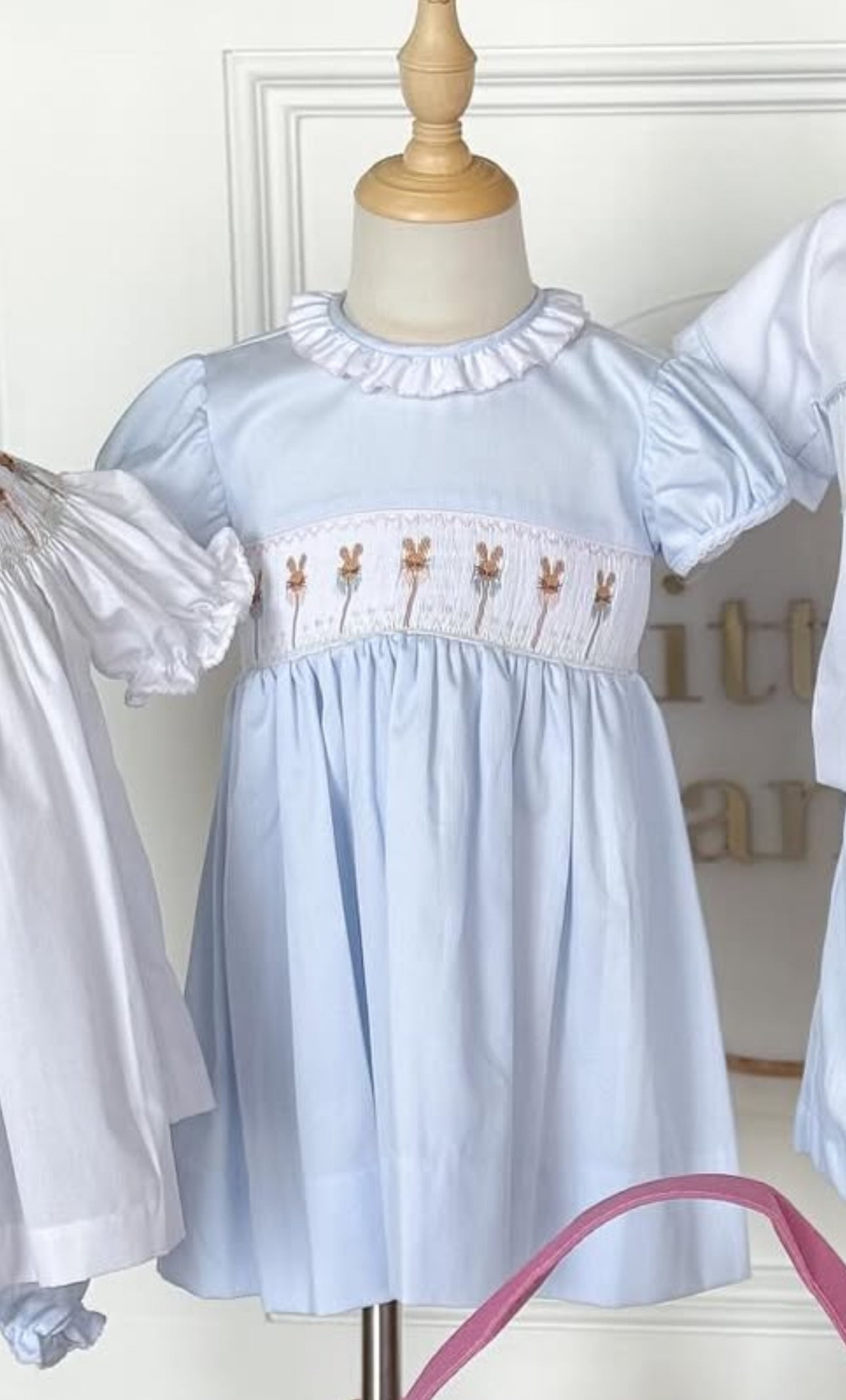 Smocked Blue Dress W/ Rabbits