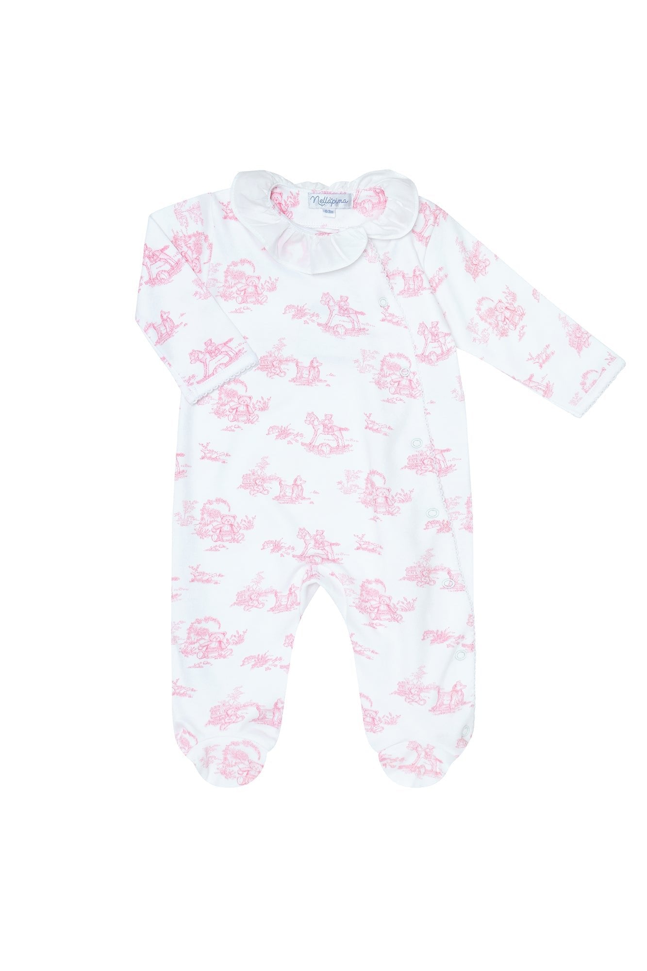 Classic Pink Toile Crossover Ruffled Footie