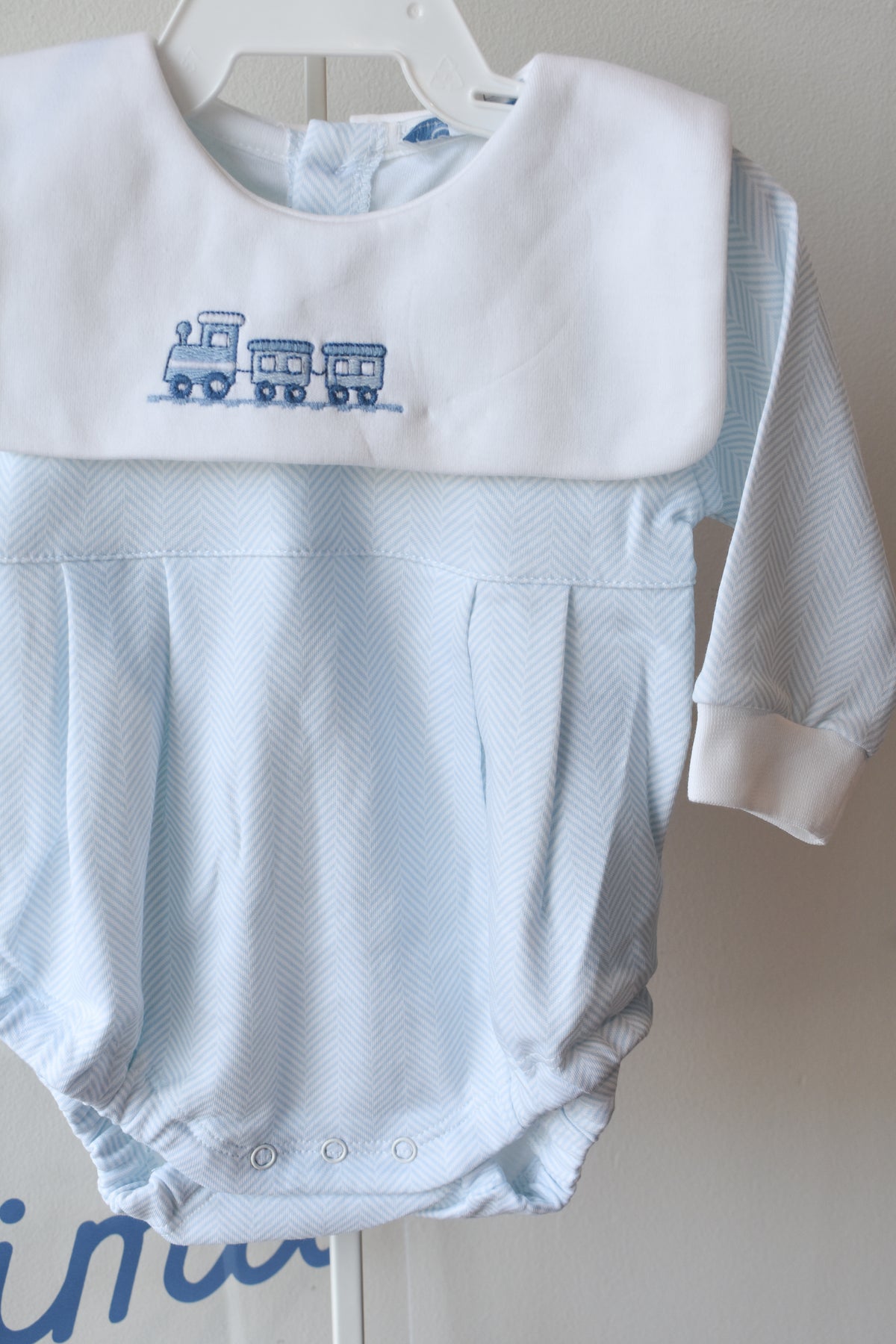 Blue Herringbone Train Embroidered Bubble