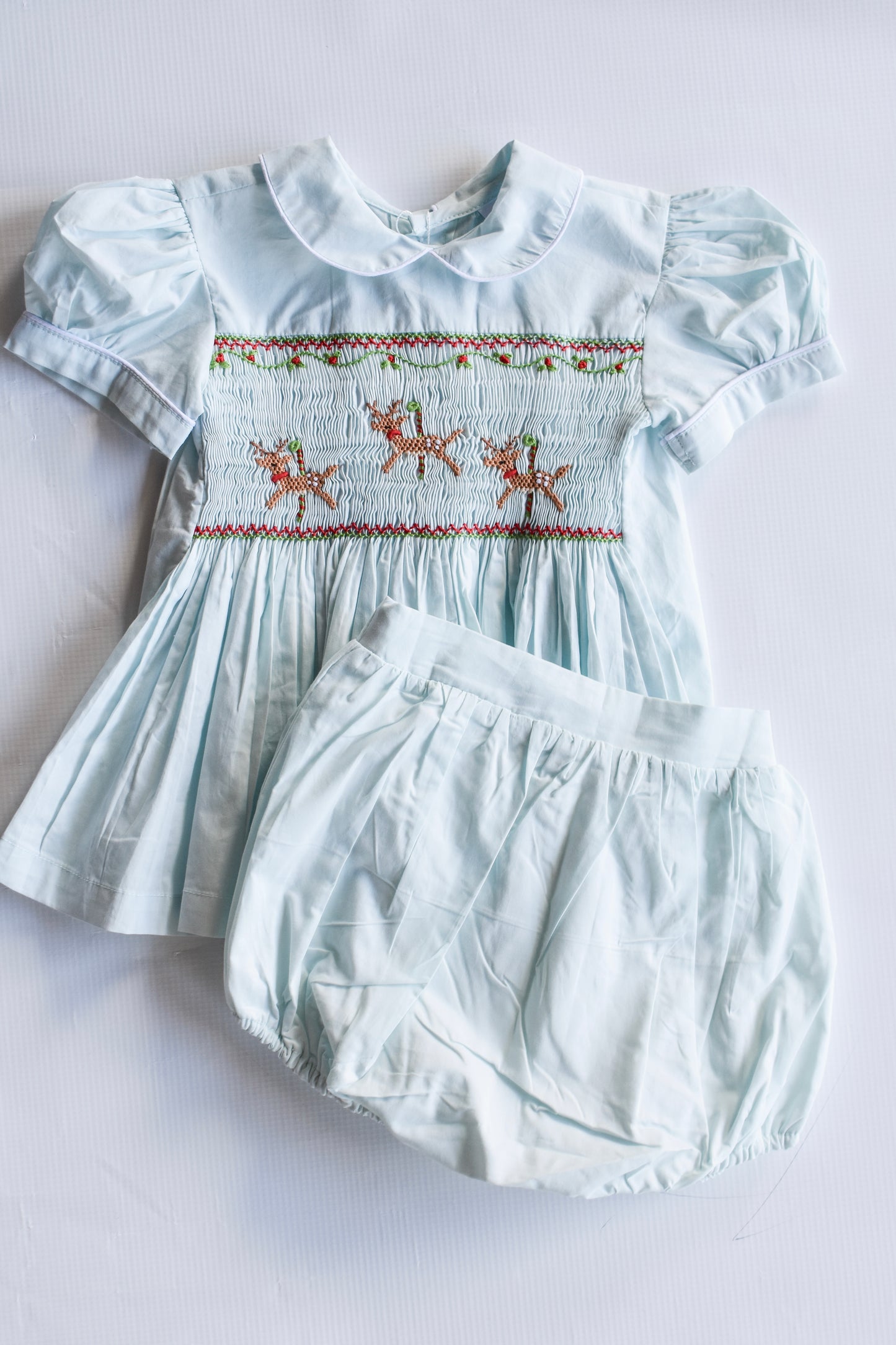 Vintage Wintergreen Reindeer Smocked Bloomer Set