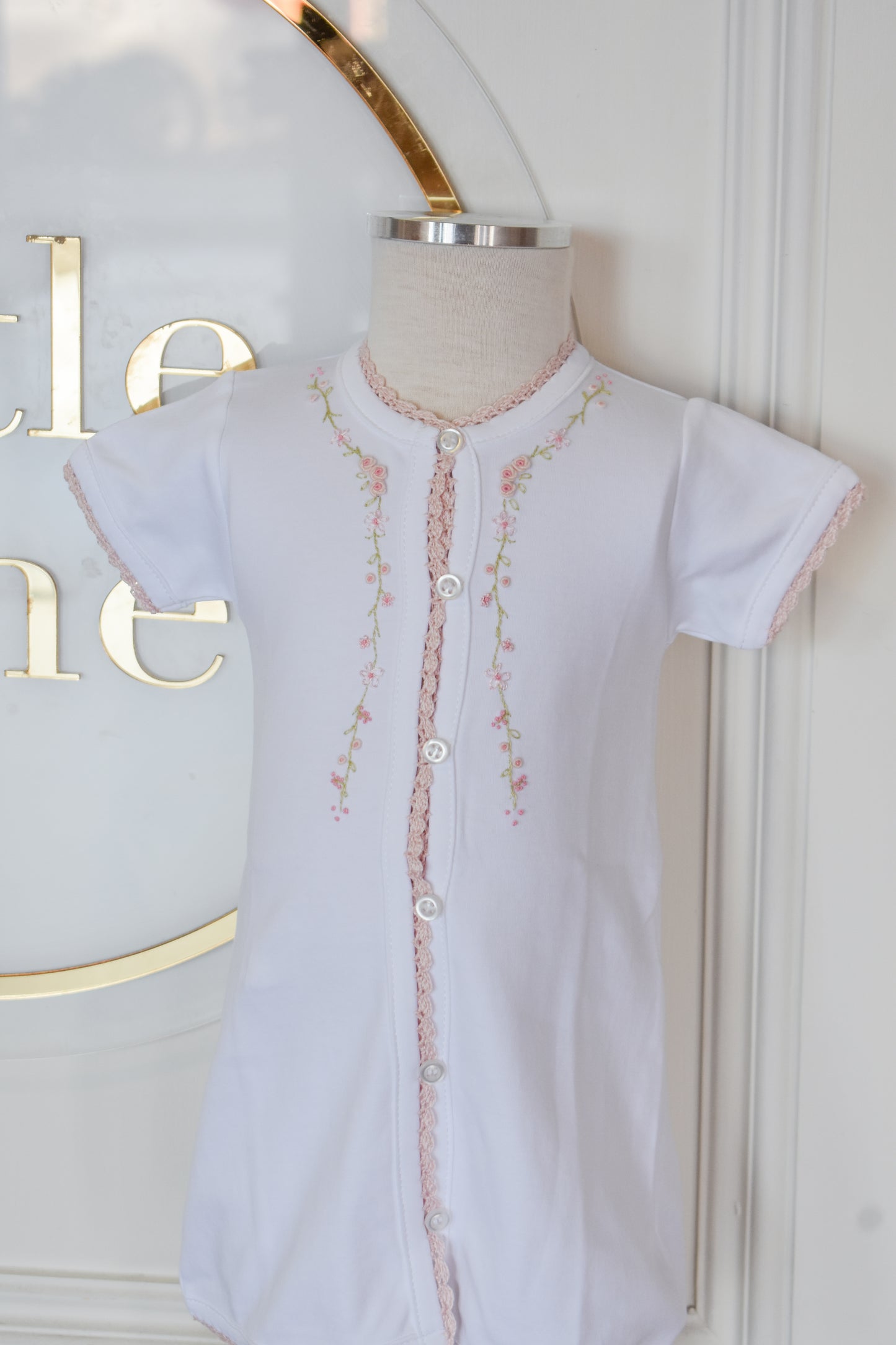 First Blooms Pink Trim Day Gown