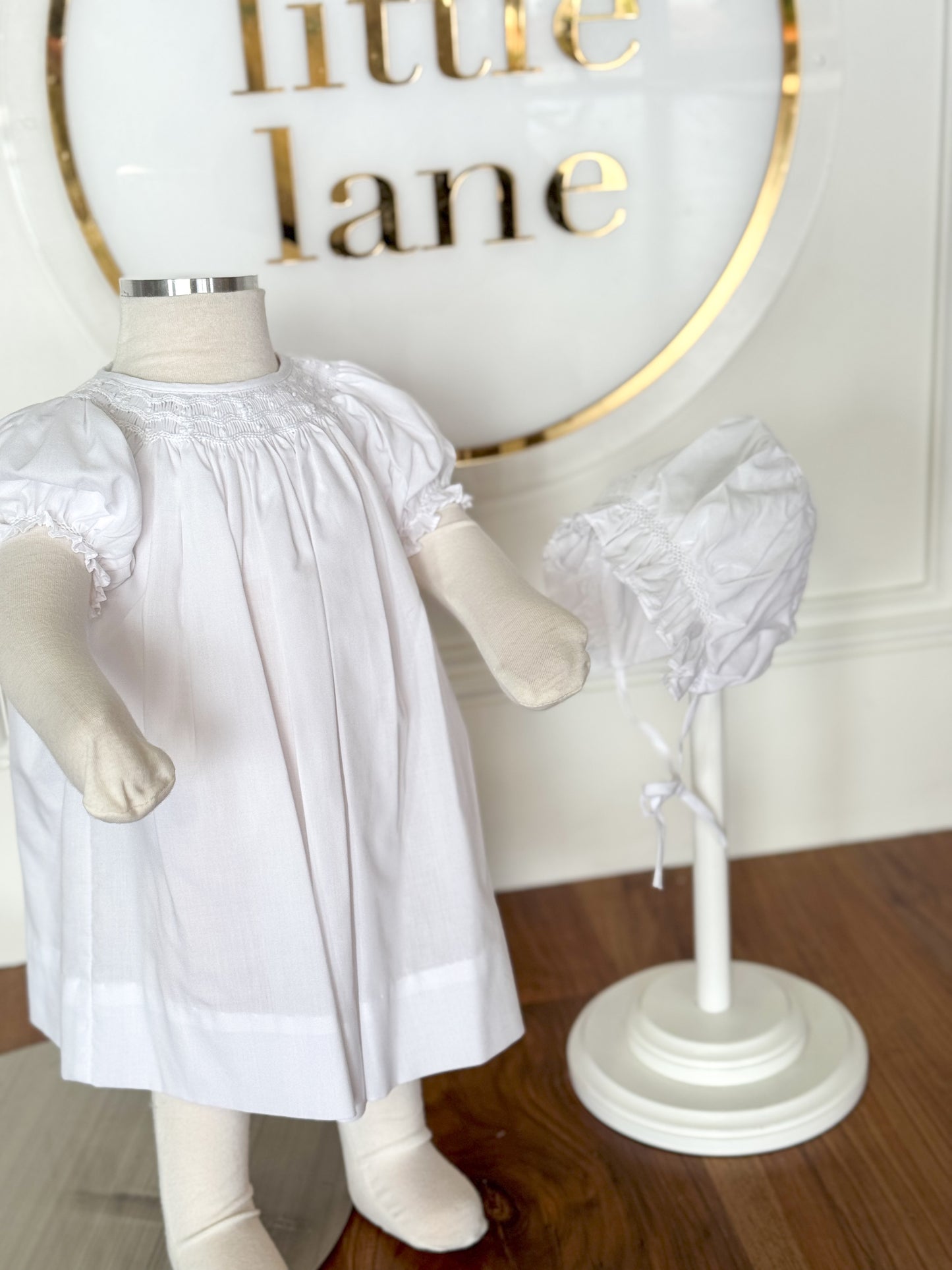 Bishop Smocked White Gown, Matching Hat