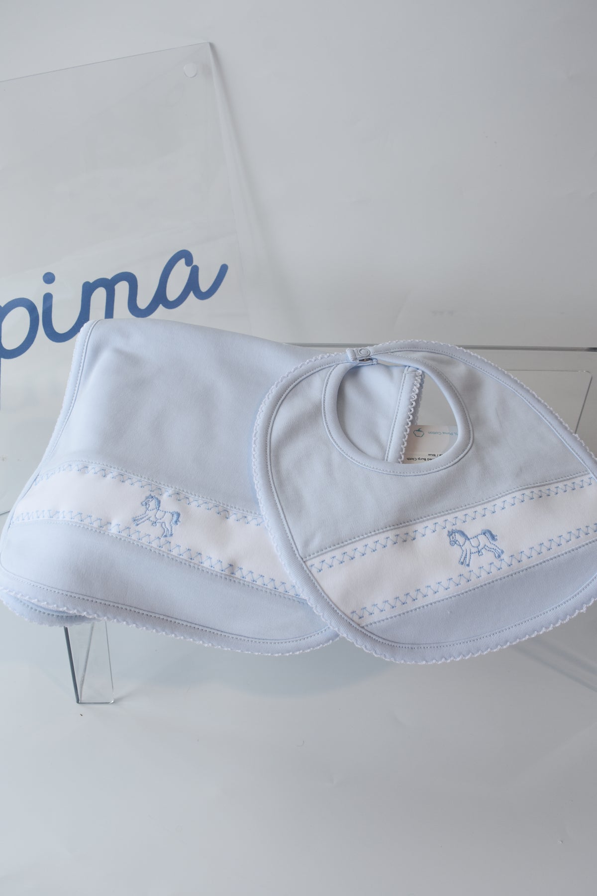 Blue Rocking Horse Embroidered Burp Cloth