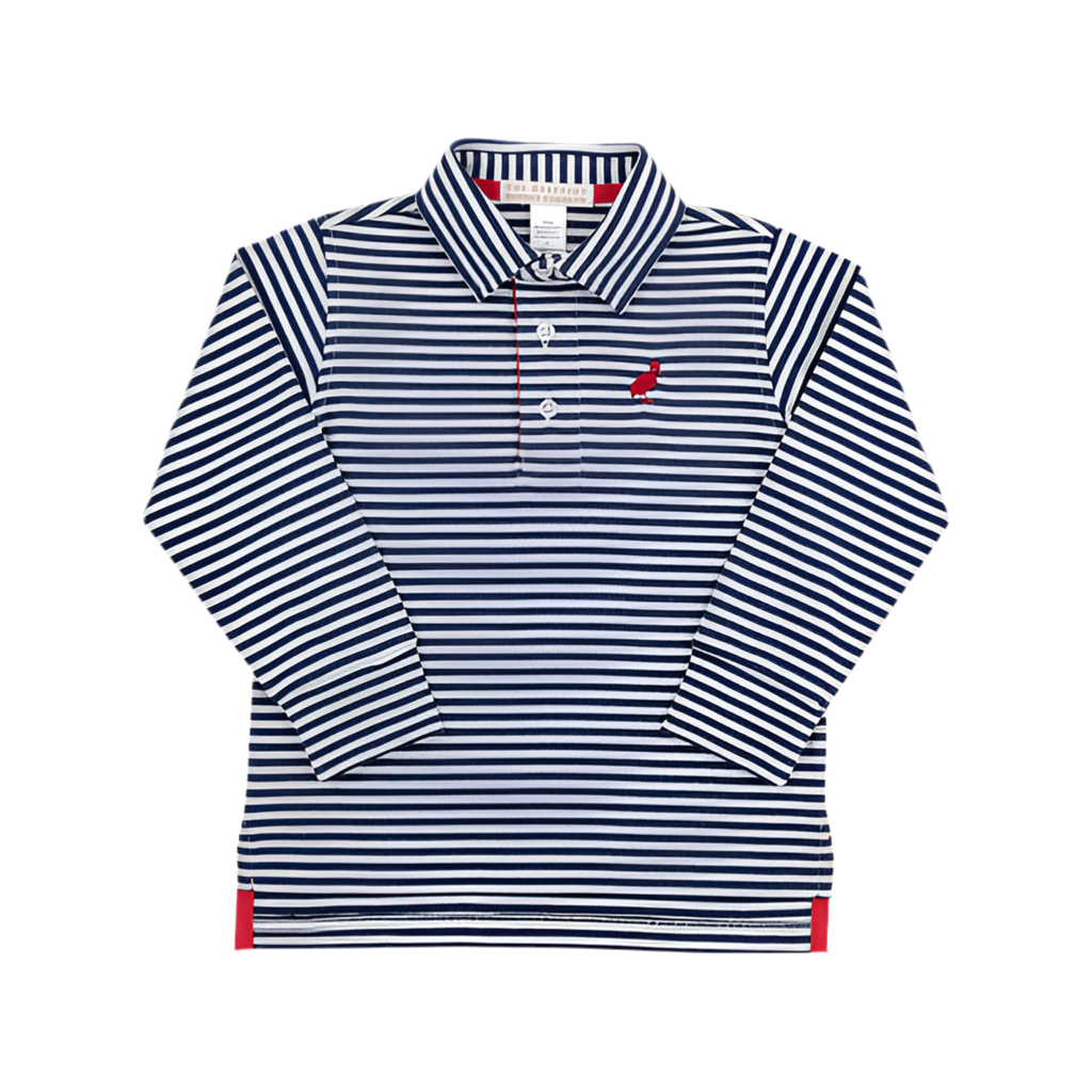 Long Sleeve Prim and Proper Polo-Navy Stripe
