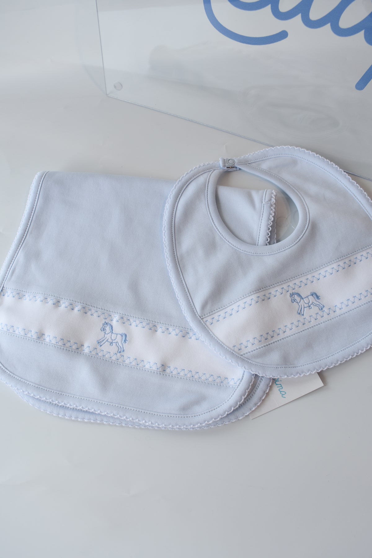 Blue Rocking Horse Embroidered Bib