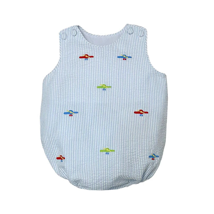 Airplane Christopher Sunsuit, Light Blue Stripe Seersucker