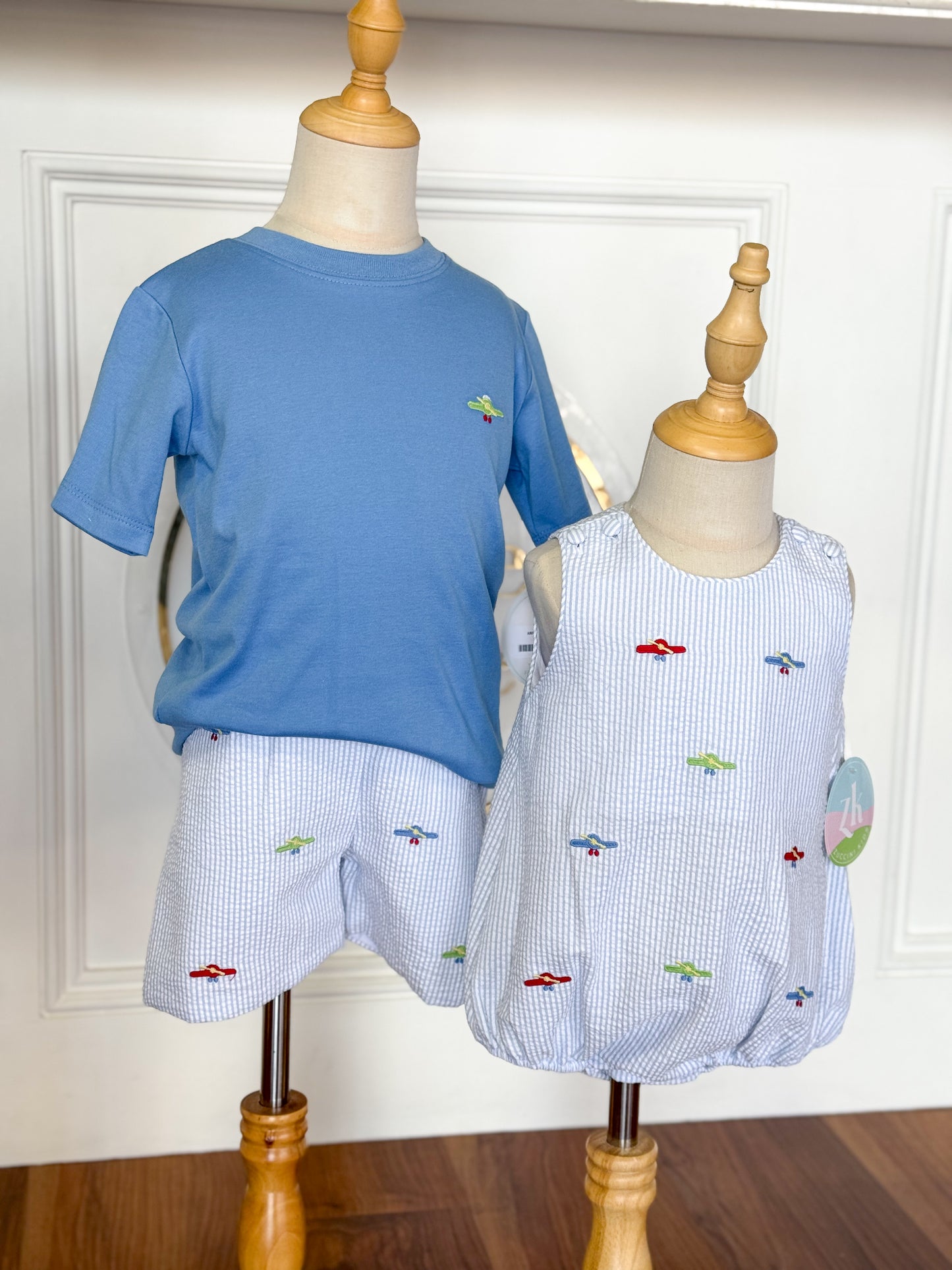 Airplane Christopher Sunsuit, Light Blue Stripe Seersucker