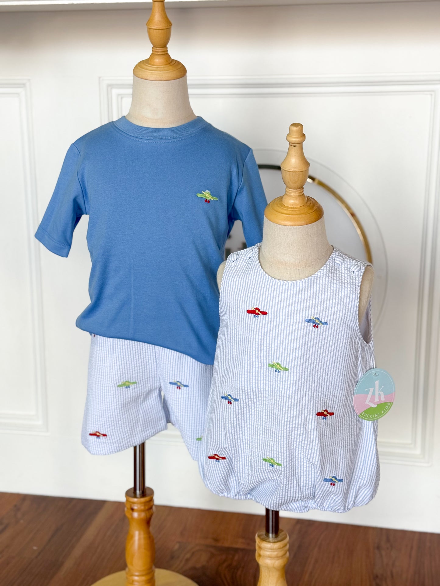 Airplane Christopher Sunsuit, Light Blue Stripe Seersucker