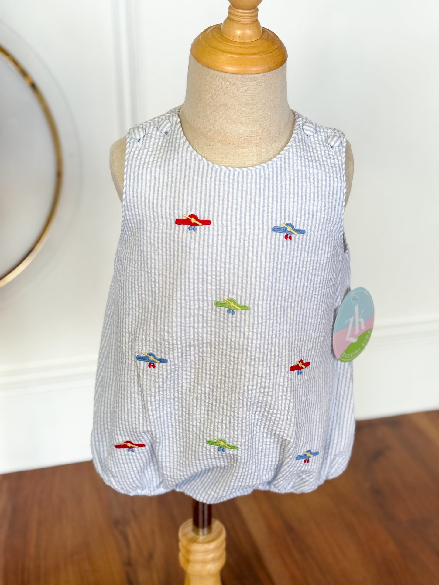 Airplane Christopher Sunsuit, Light Blue Stripe Seersucker