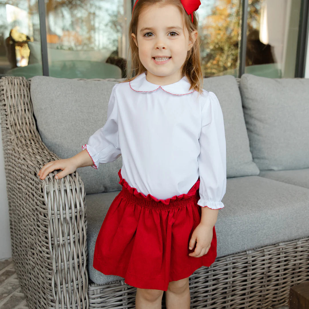 White Girl's Peter Pan Blouse-Red Picot Trim