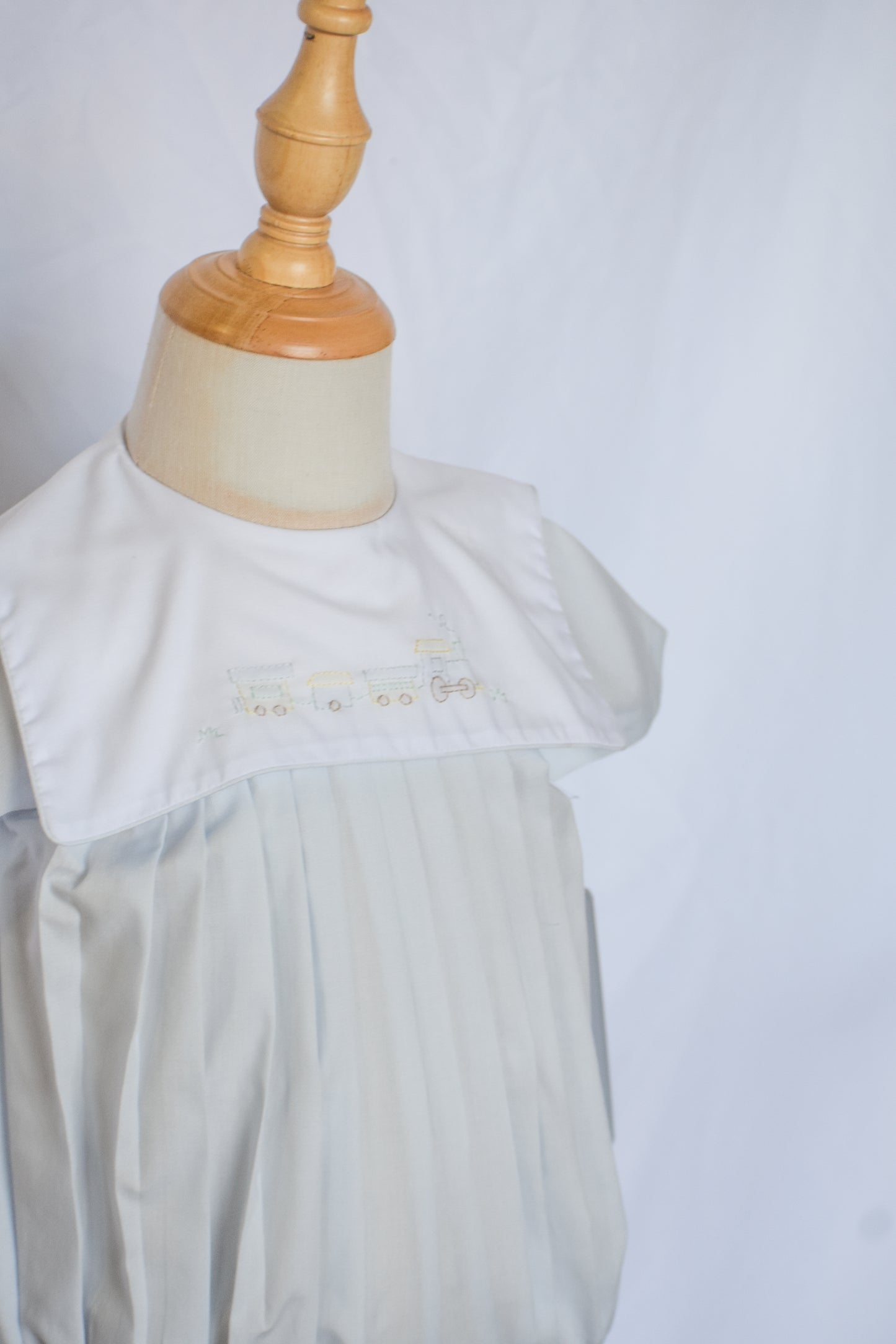 Baby Blue Choo Choo Heirloom Romper/Hat Set