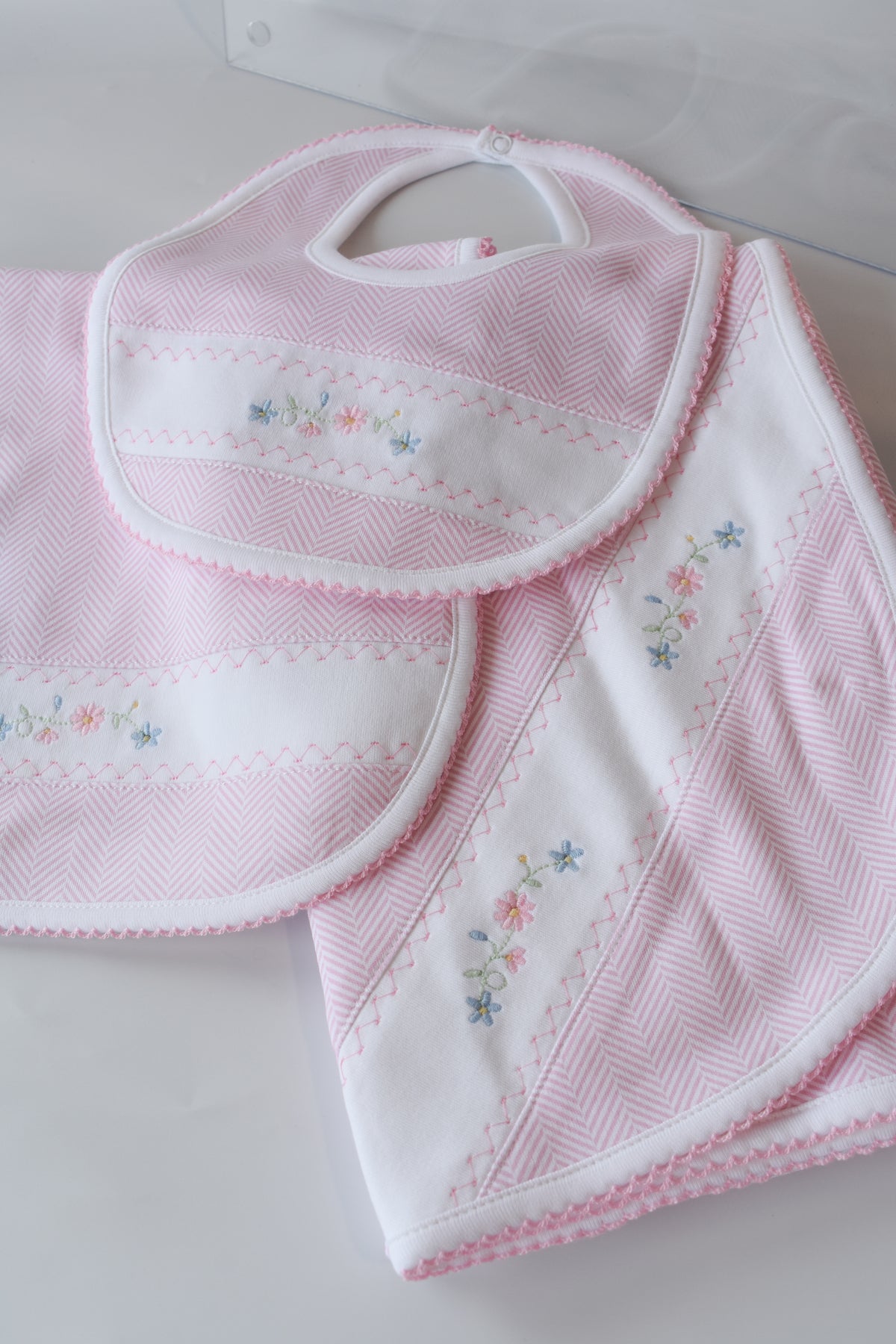 Pink Herringbone Floral Embroidered Bib