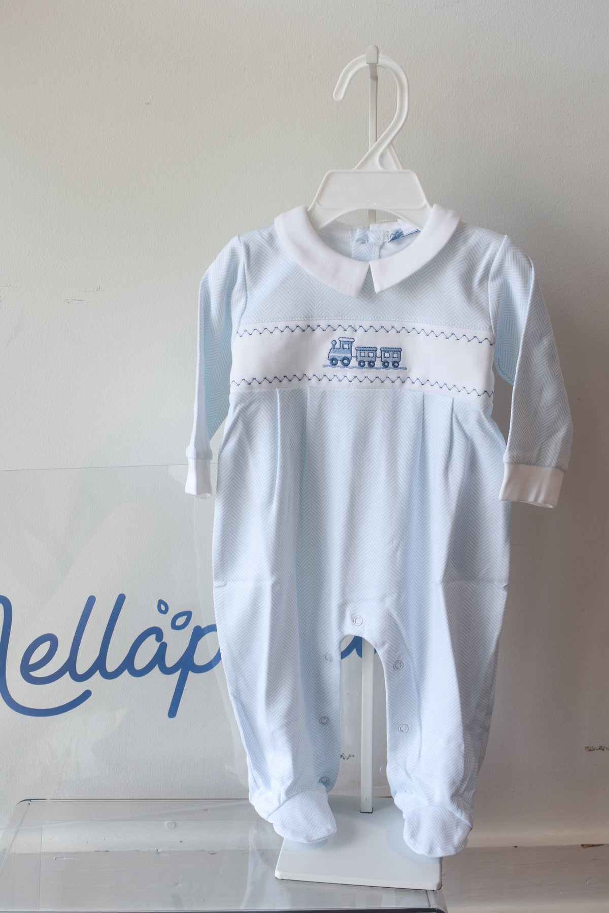 Blue Herringbone Train Embroidered Footie