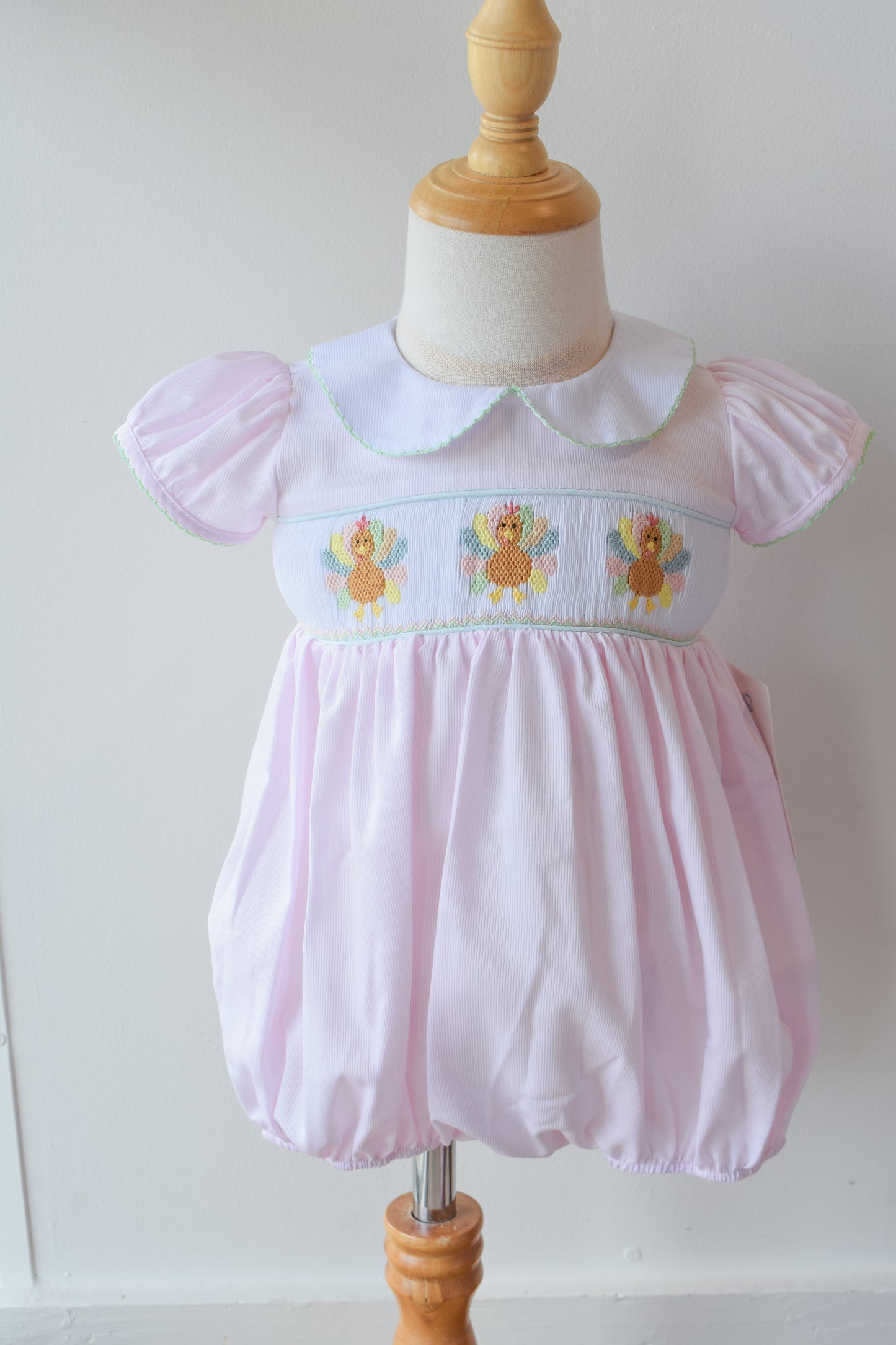 Rosie’s Colorful Turkeys Smocked Collared Bubble