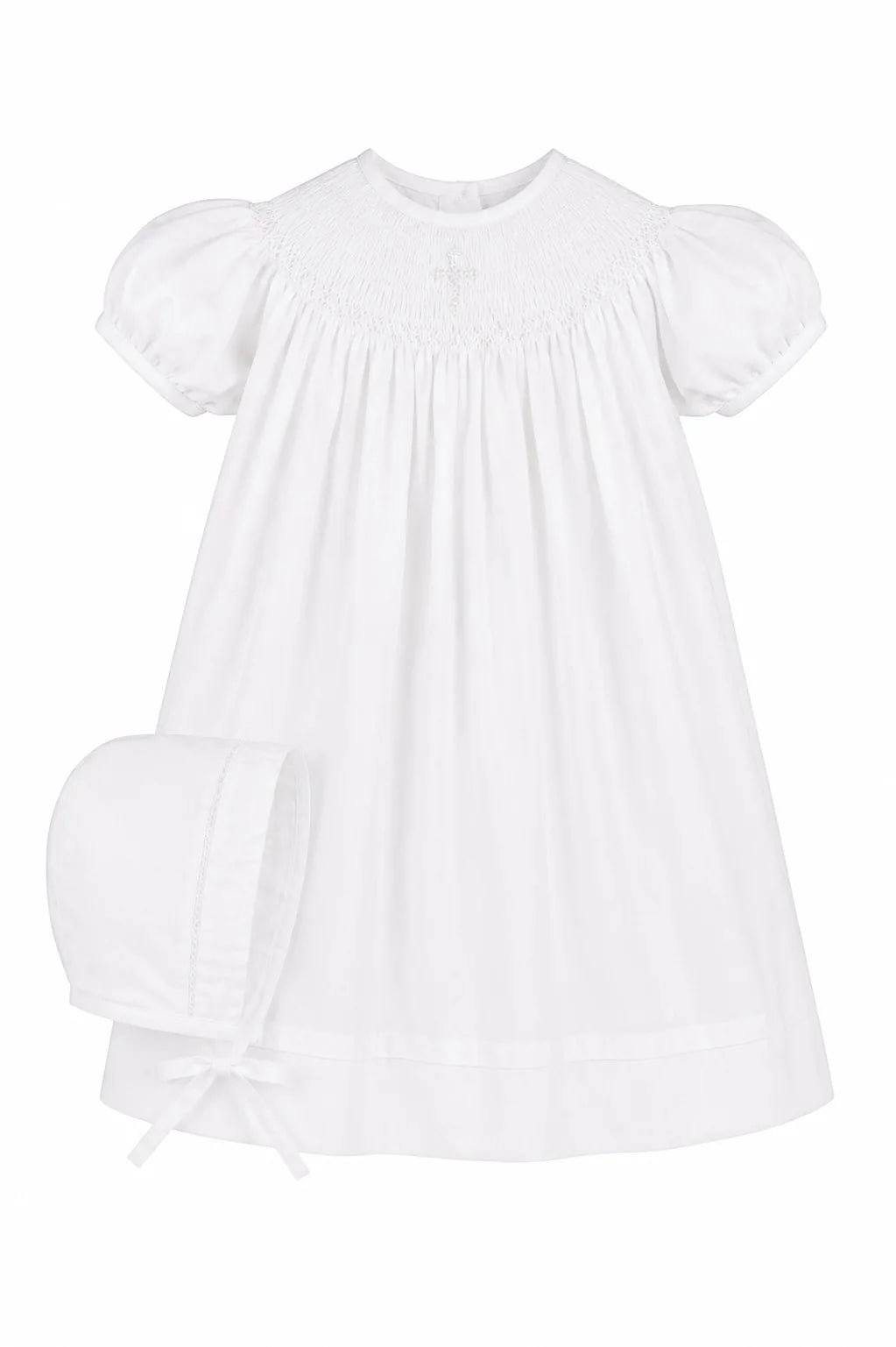 Hand Smocked Pearl Cross Bishop Dress/Bonnet Set