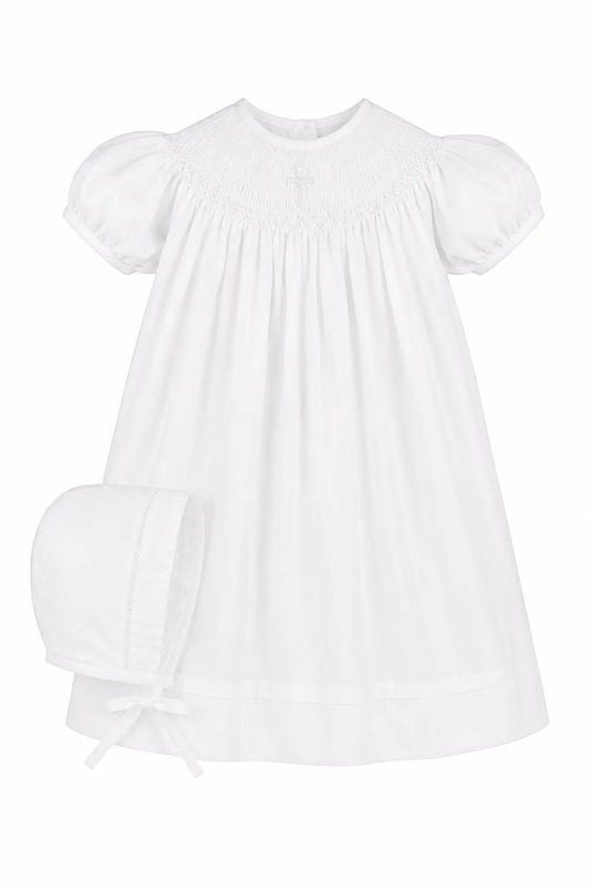 Hand Smocked Pearl Cross Bishop Dress/Bonnet Set