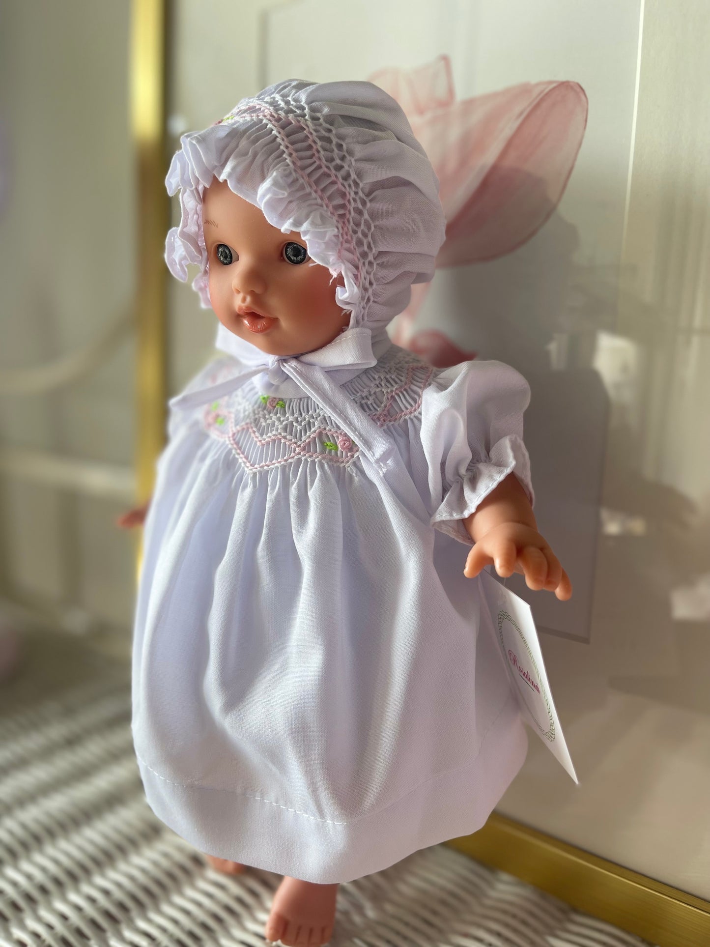 Bald Doll-White Smocked Dress/Bonnet