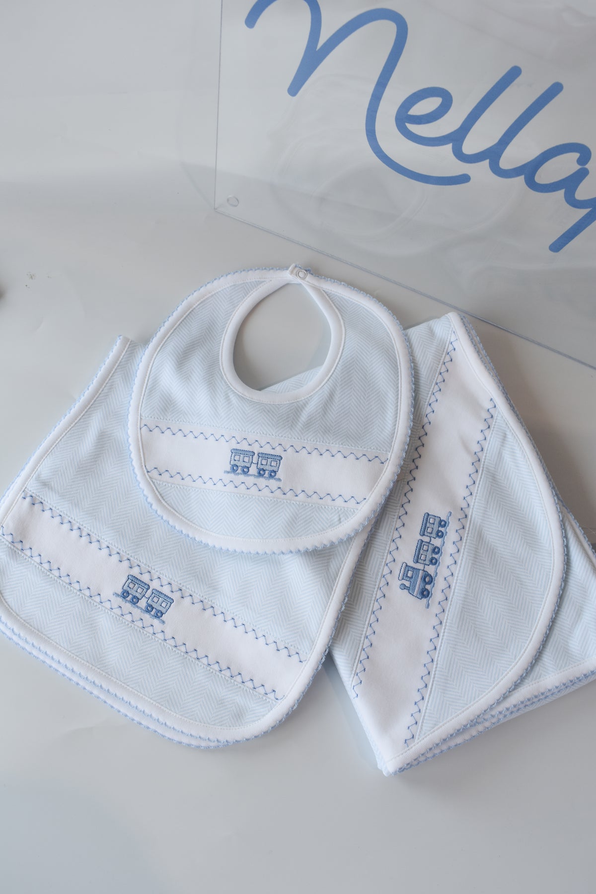 Blue Herringbone Train Embroidered Blanket