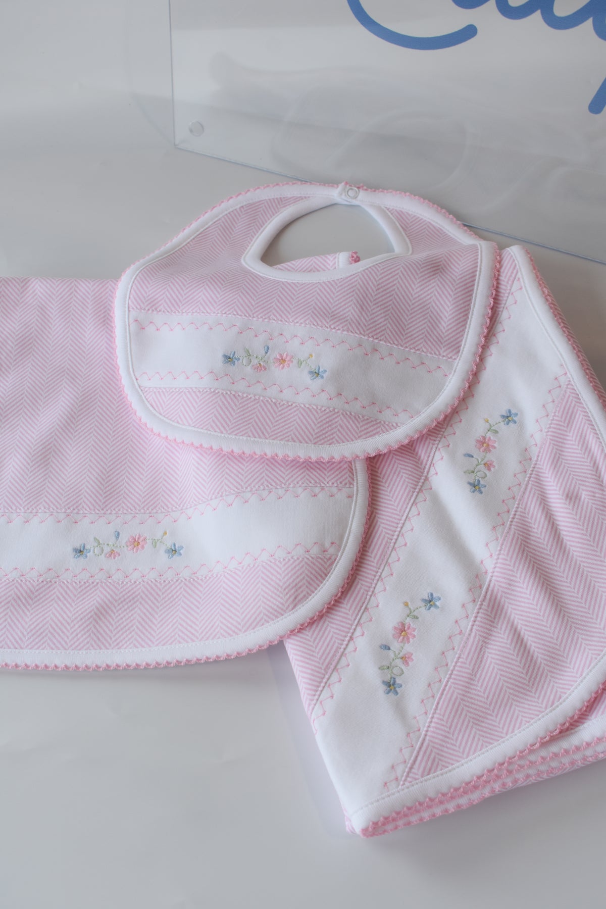 Pink Herringbone Floral Embroidered Bib