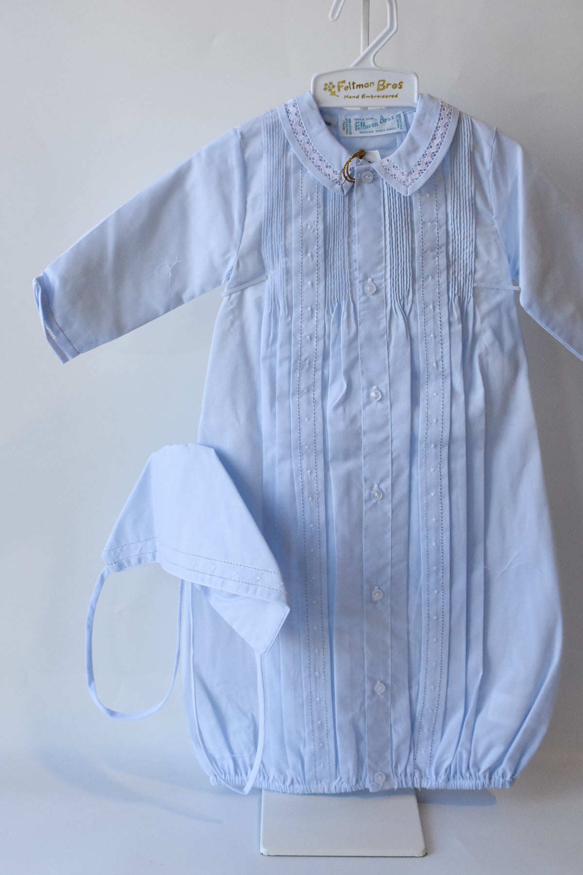 Boy's Pintuck "Take Me Home" Gown/Bonnet Set-Blue