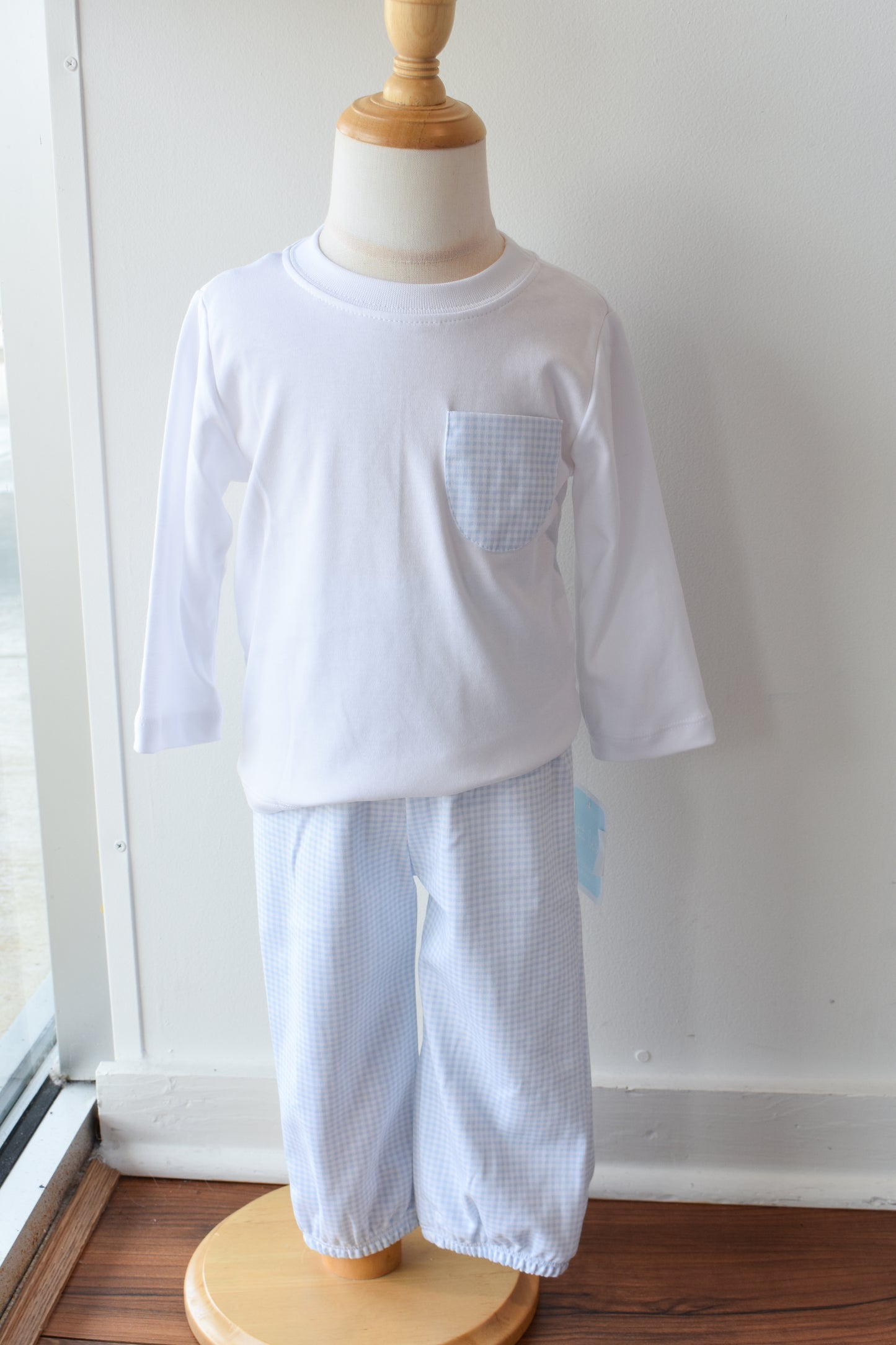 Bebe Blue Gingham Knit Pocket Tee Pant Set