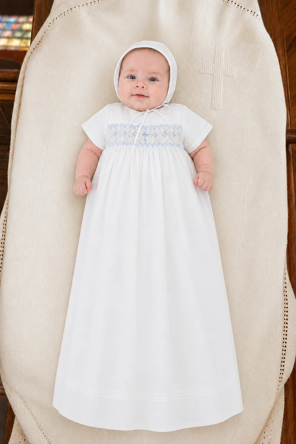 Long Bullion Cross Baby Boy Christening Gown/Bonnet Set