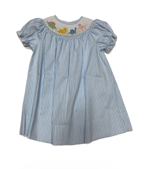 Emma Smocked dress Blue/White W/ Dinosaur