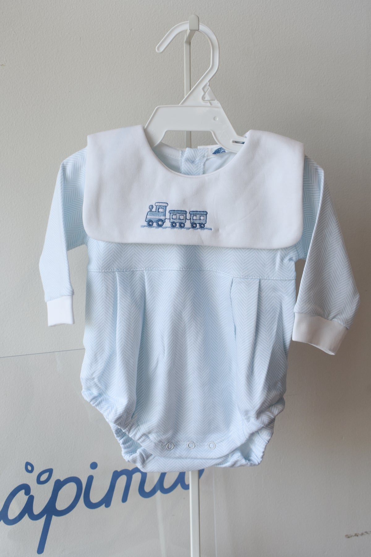 Blue Herringbone Train Embroidered Bubble