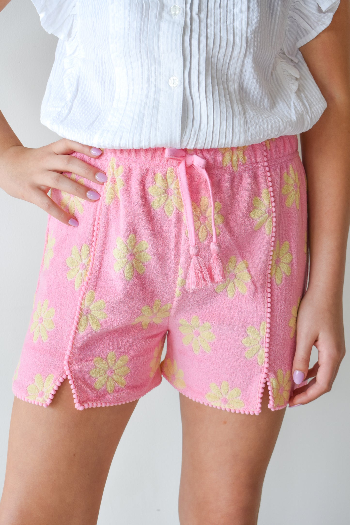Pom Pom Terry Shorts-Pink Floral