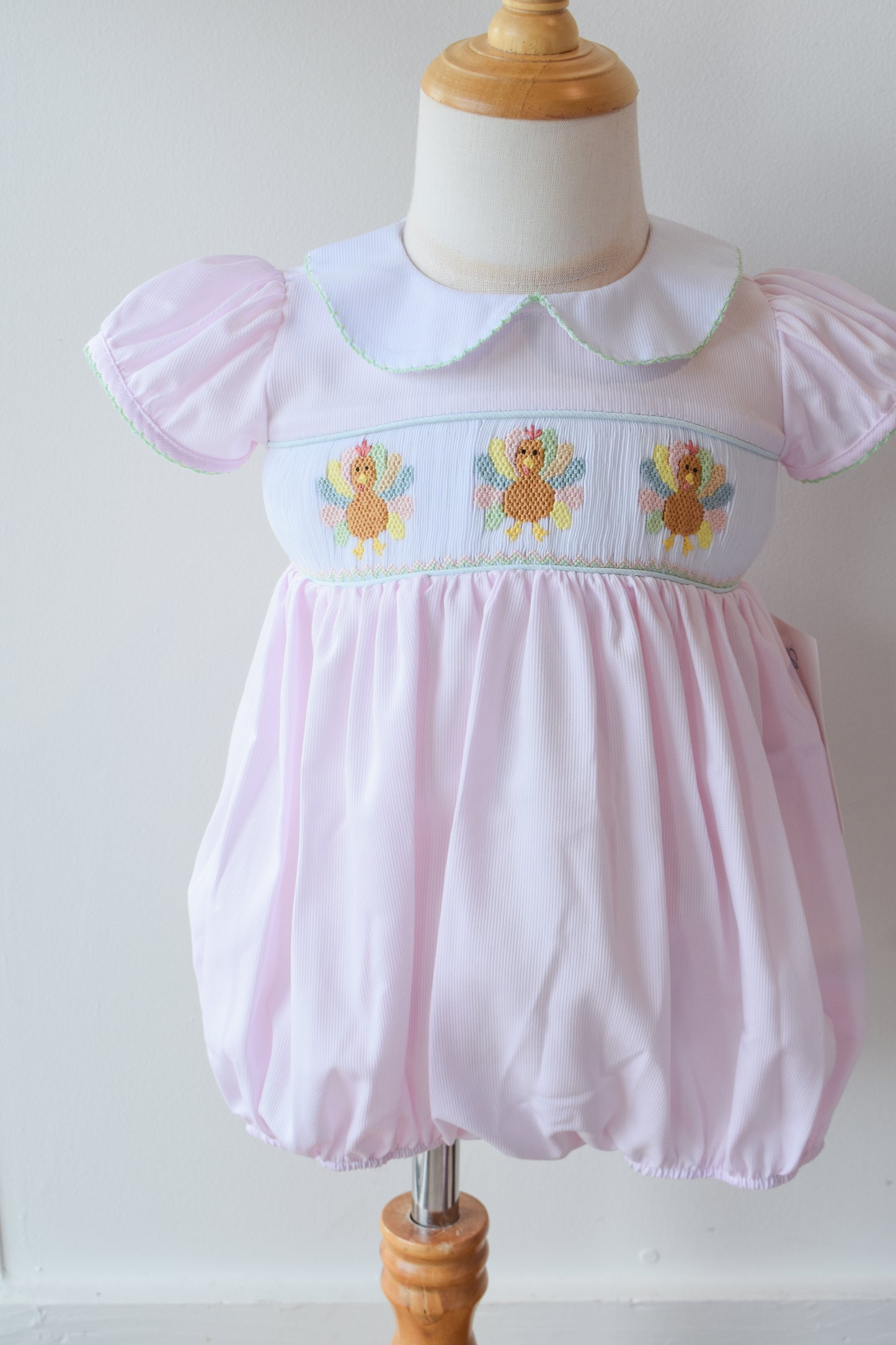 Rosie’s Colorful Turkeys Smocked Collared Bubble