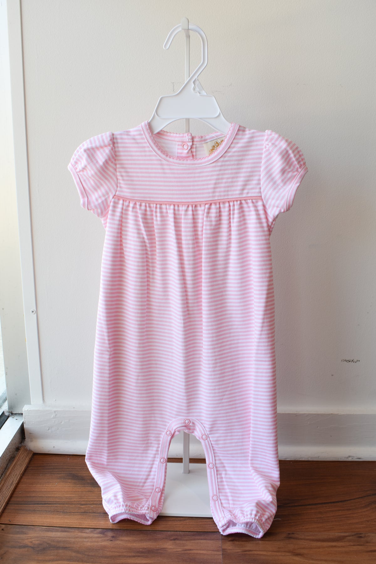 Short Sleeve Ramona Ruffle Romper-Sandpearl Stripe