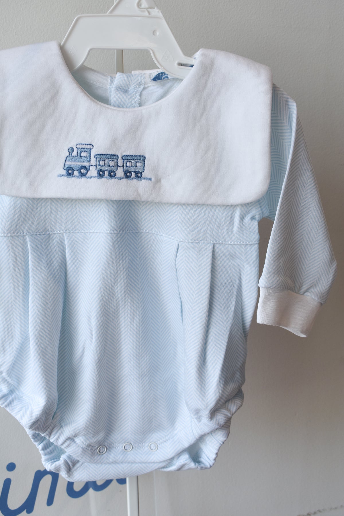 Blue Herringbone Train Embroidered Bubble