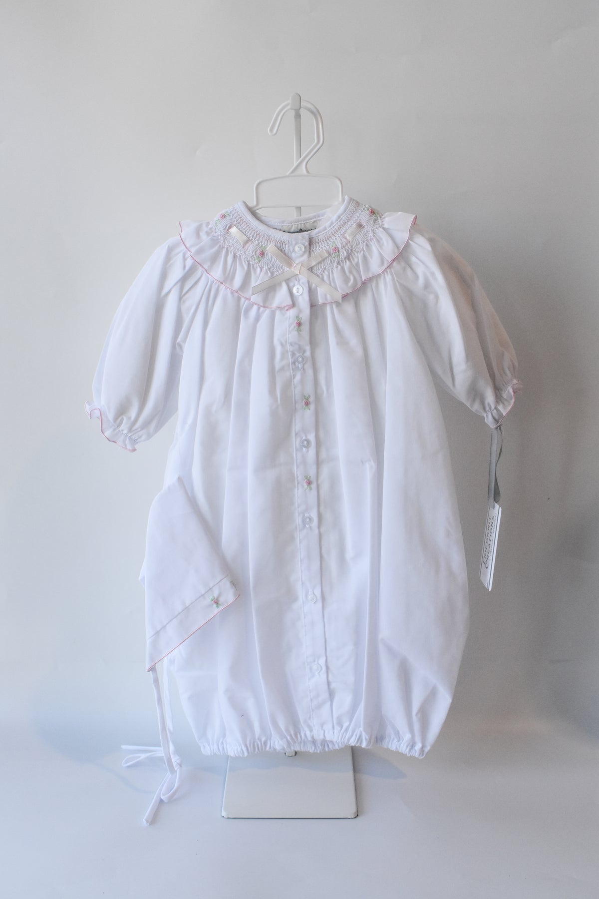 White Ribbon Ruffle Smocked Take Me Home Gown/Bonnet Set