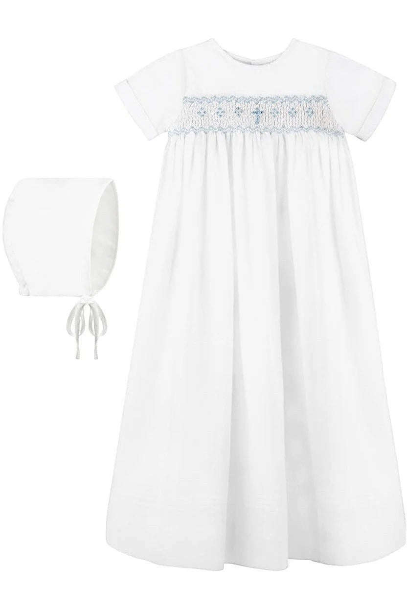Long Bullion Cross Baby Boy Christening Gown/Bonnet Set