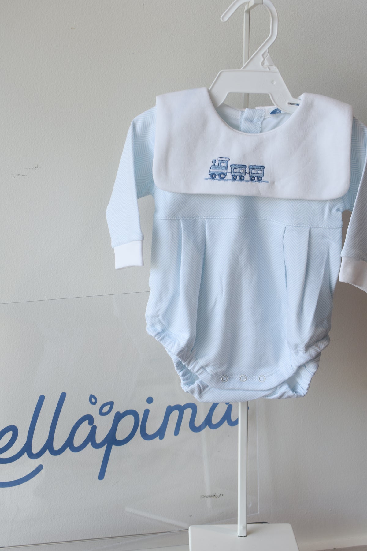 Blue Herringbone Train Embroidered Bubble