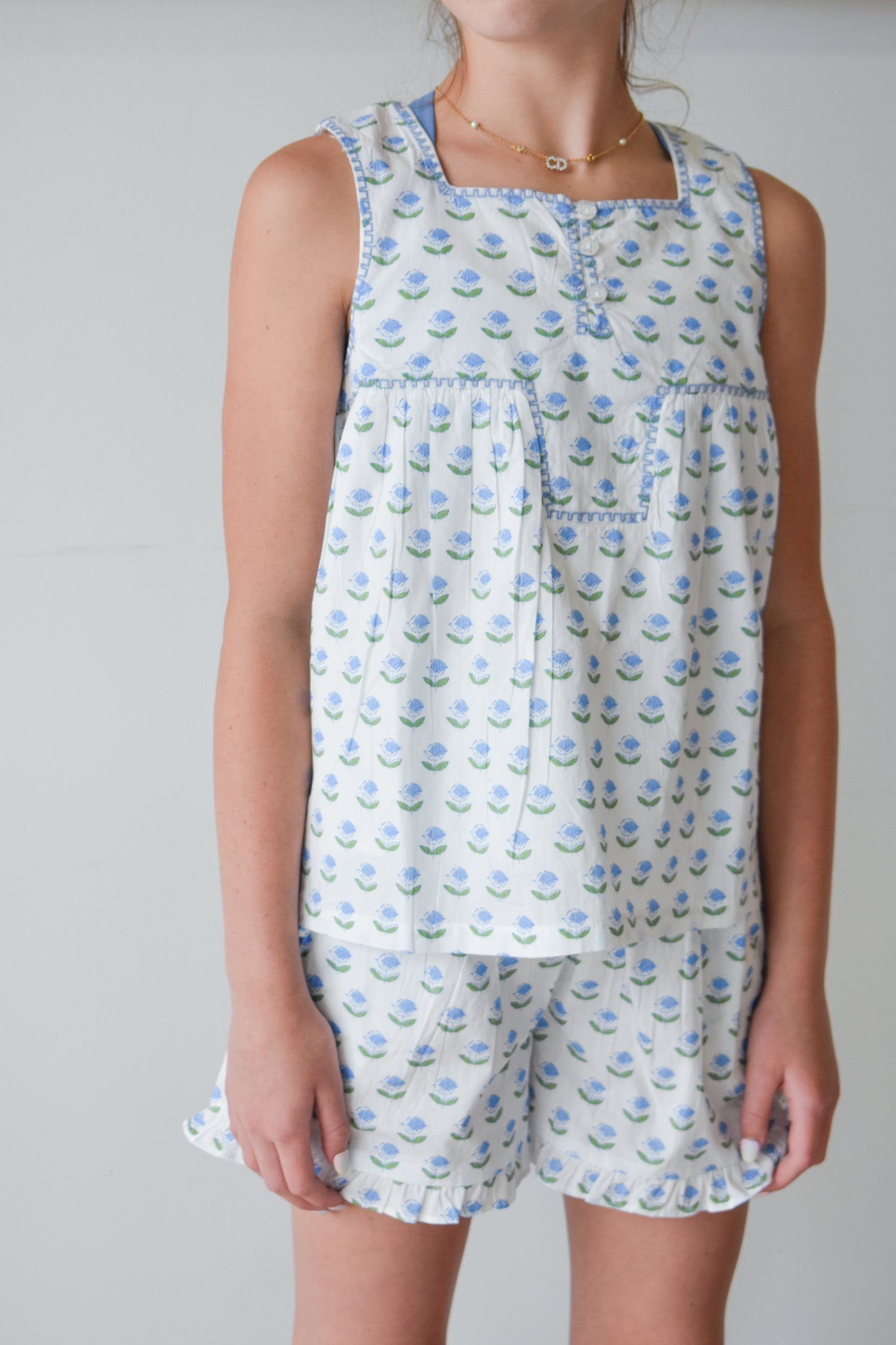 Keystone Top-Blue Tulip Block Print
