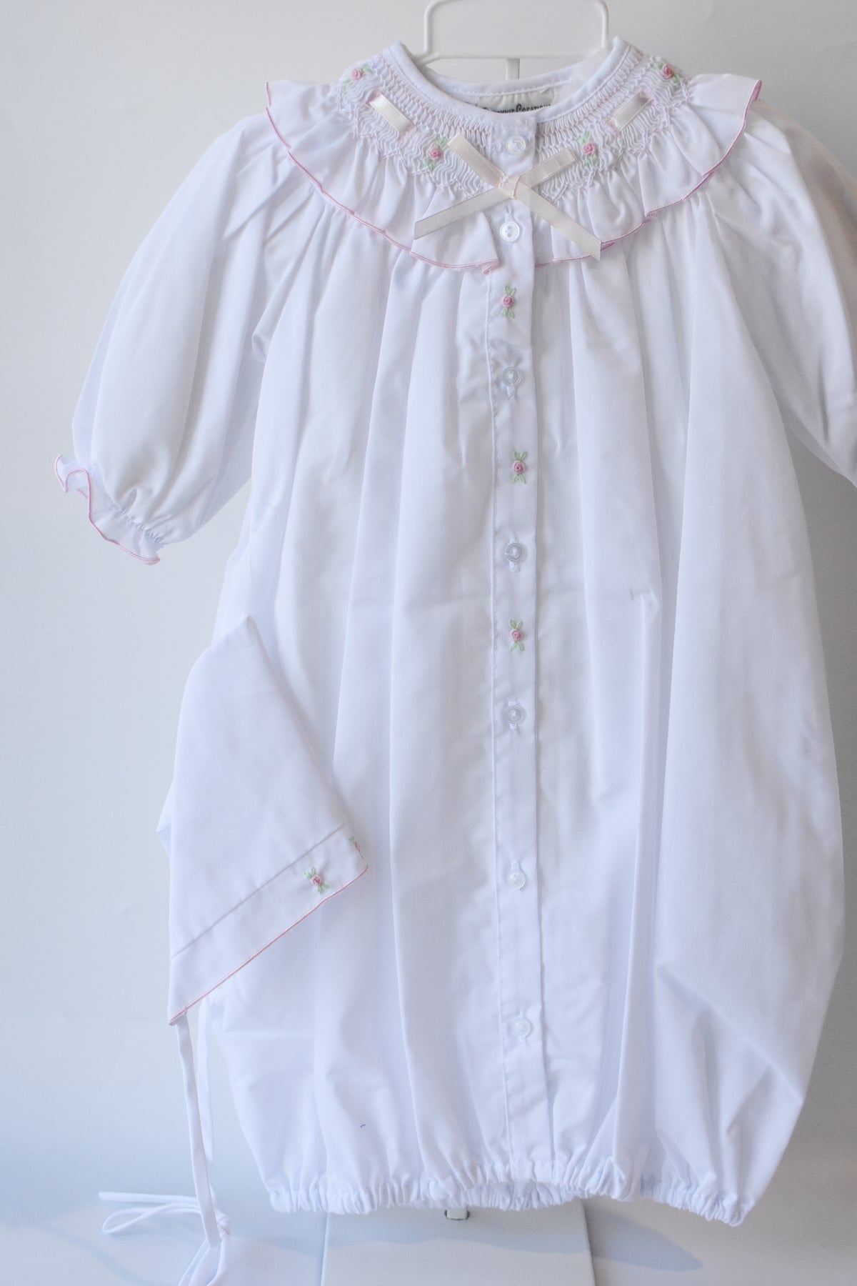 White Ribbon Ruffle Smocked Take Me Home Gown/Bonnet Set