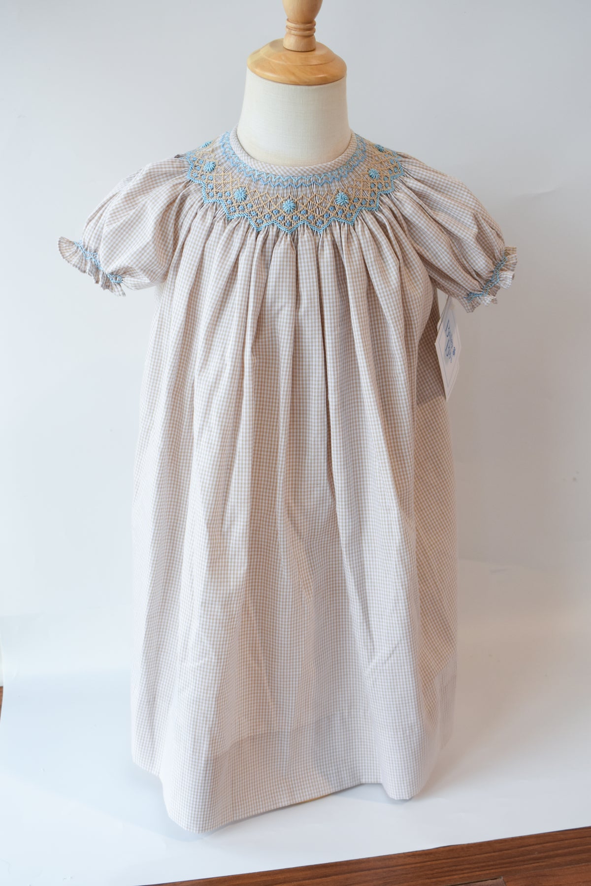 Khaki Check Blue Floral Bishop Dress