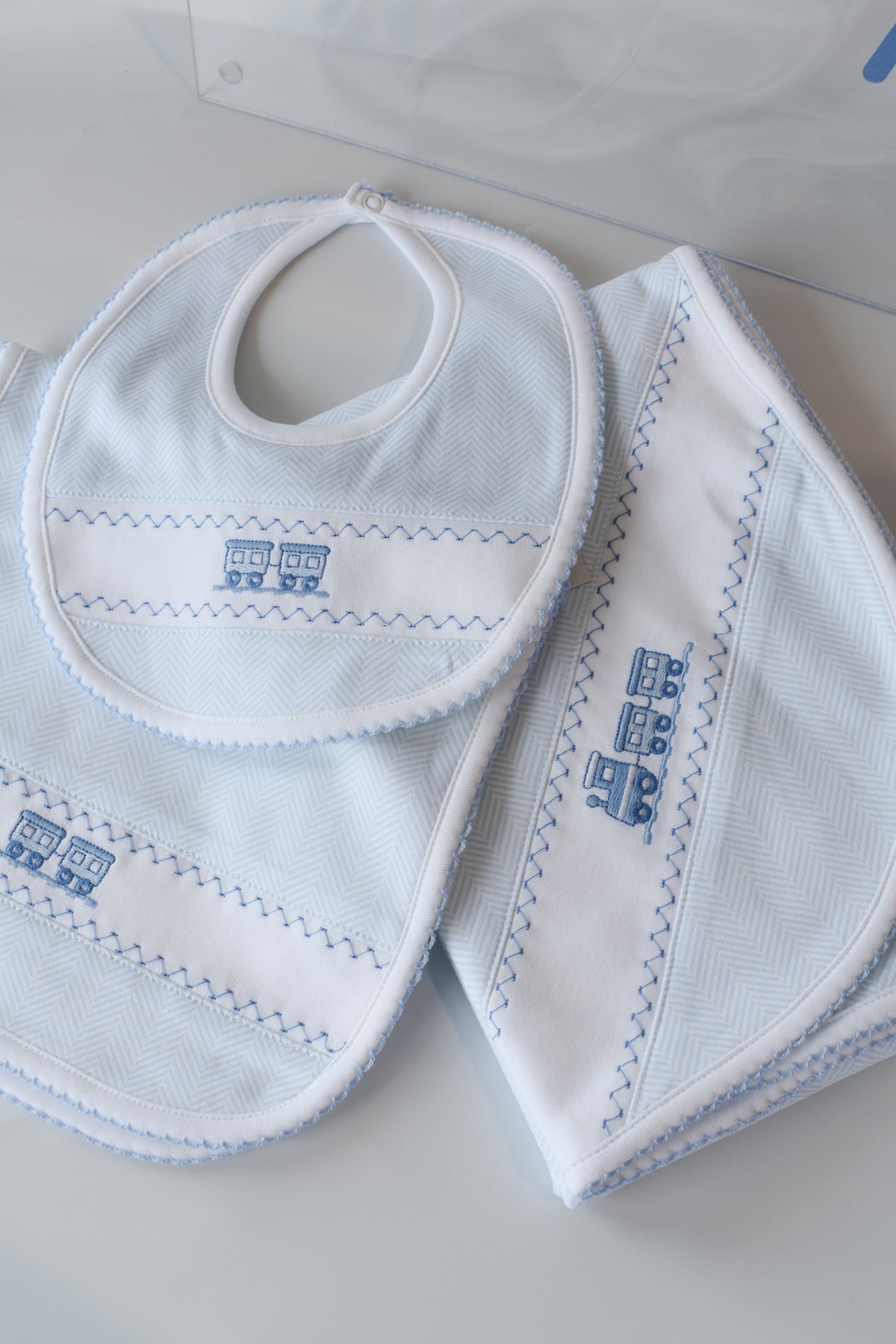 Blue Herringbone Train Embroidered Blanket