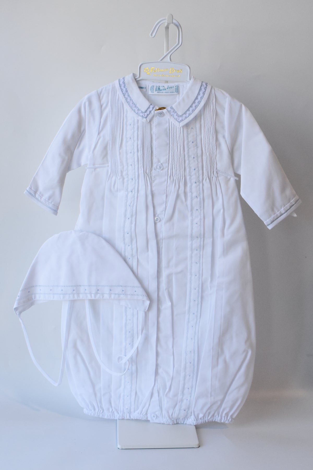 Boy's Pintuck "Take Me Home" Gown/Bonnet Set-White